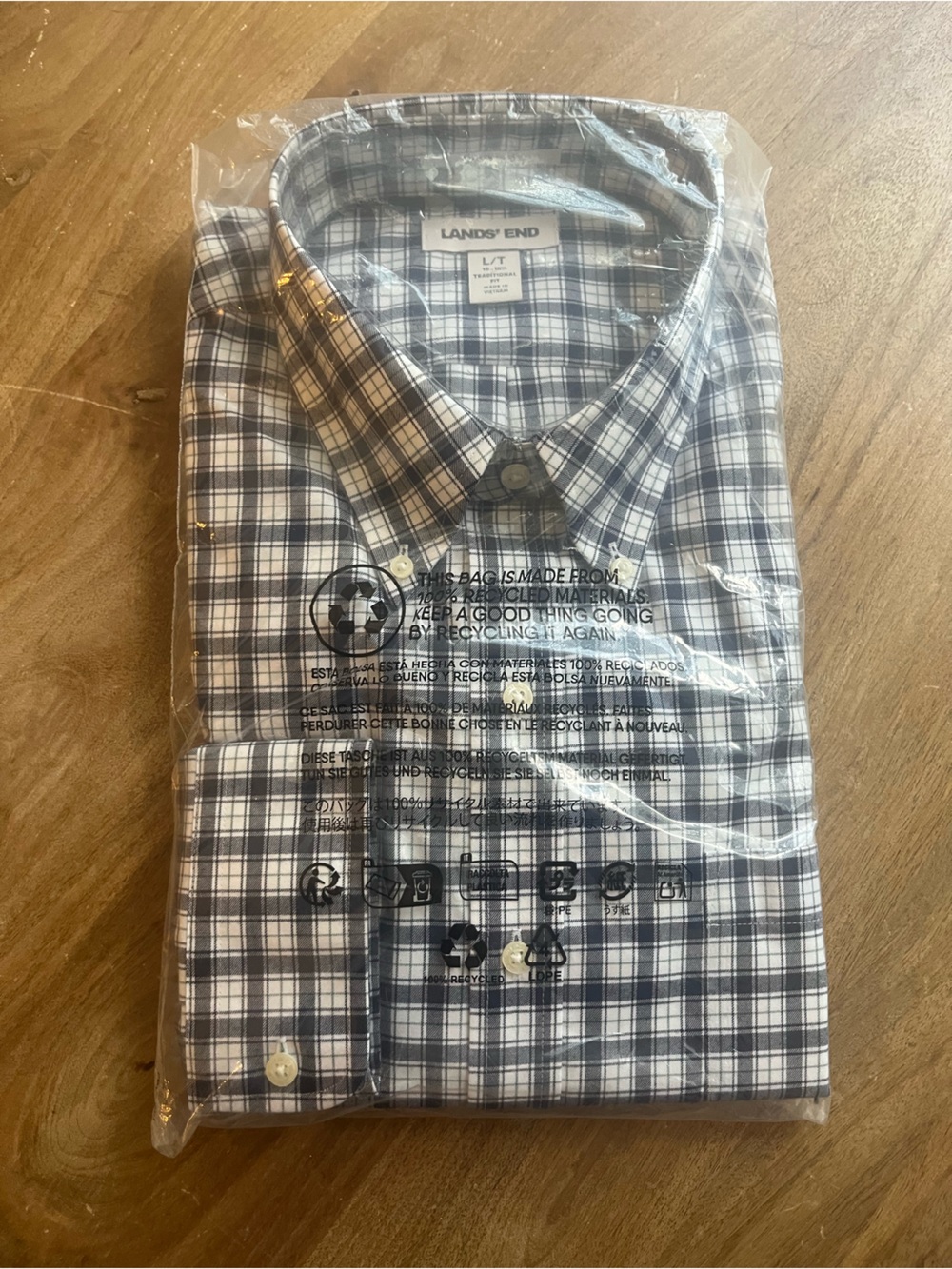 Lands' End Men's Navy and White Plaid Button-Down Shirt